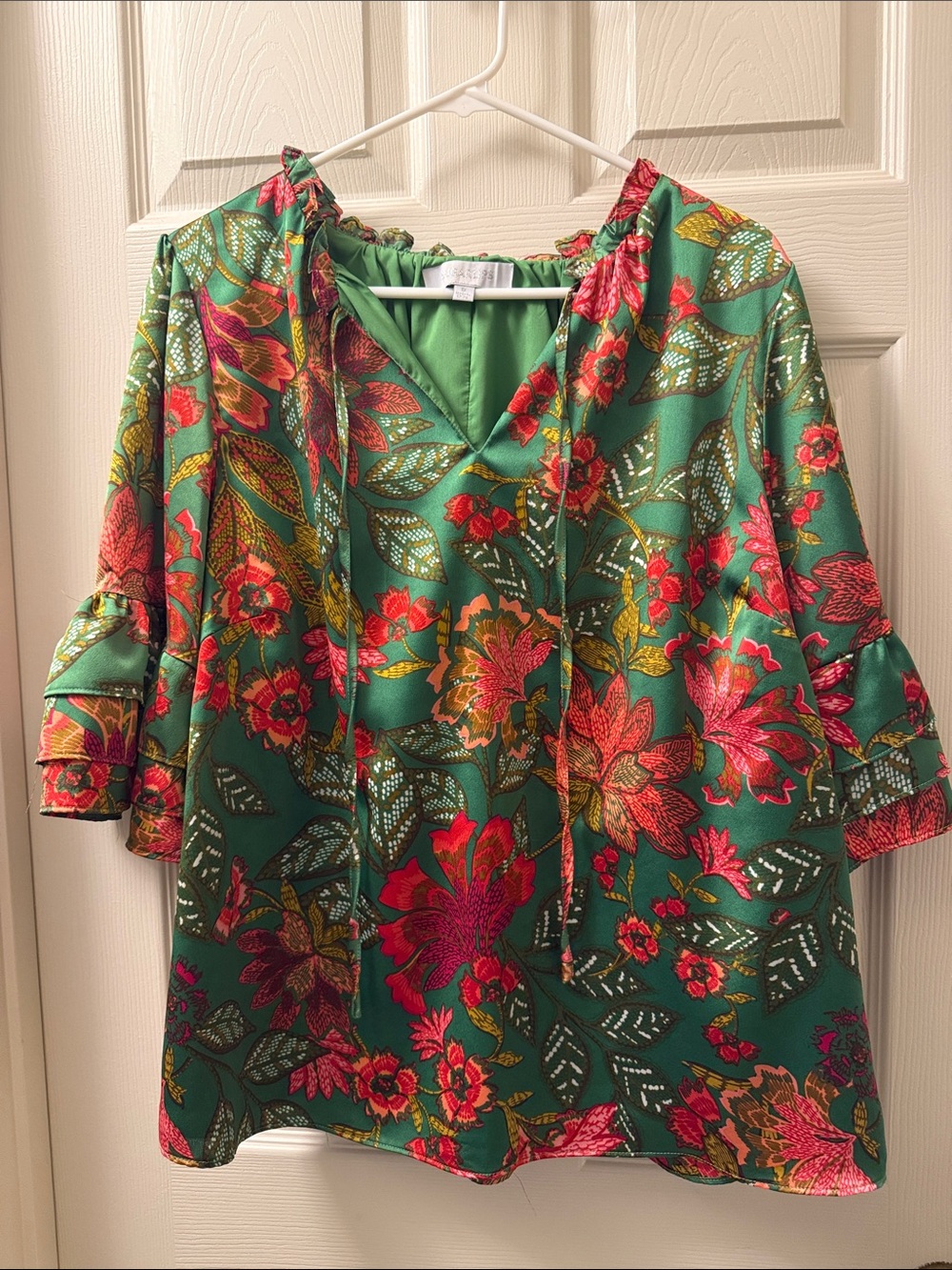 Sugarlips Green Floral Tie-Front Boho Tunic with Pink and Gold Accents